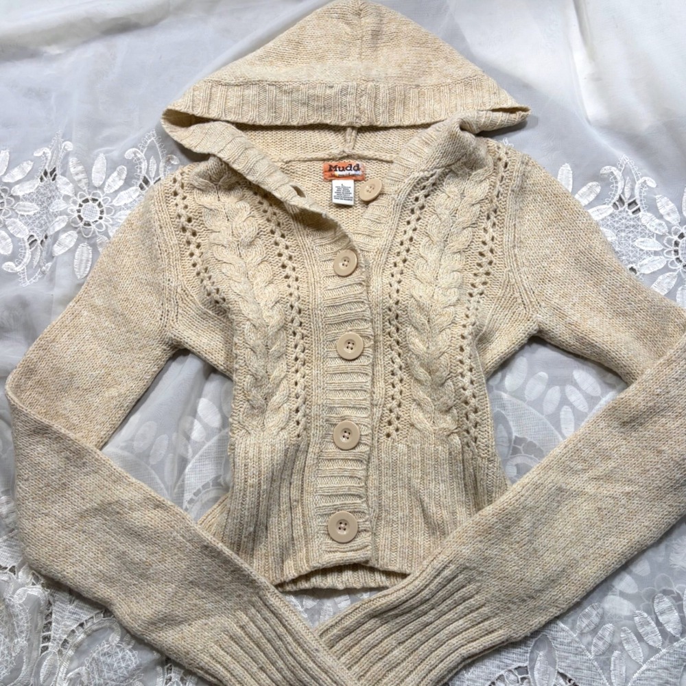 Y2K Mudd Vintage Hooded Cardigan Sweater Beige Cable Knit Wool Blend L